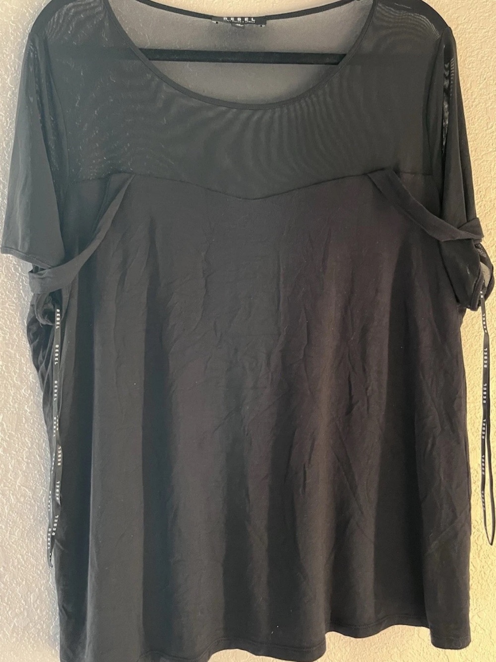REBEL WILSON X ANGELS Mesh Accent Short Sleeve Top Black Plus Size 1X